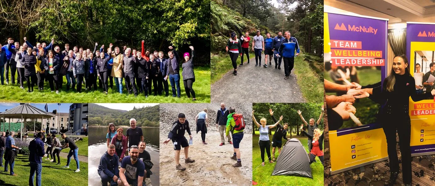 Collage of diverse team-building events, featuring group activities in outdoor settings and a presentation on leadership and wellbeing.