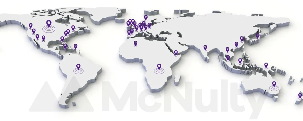 3D map with McNulty locations, showcasing their global impact in consultancy and coaching.