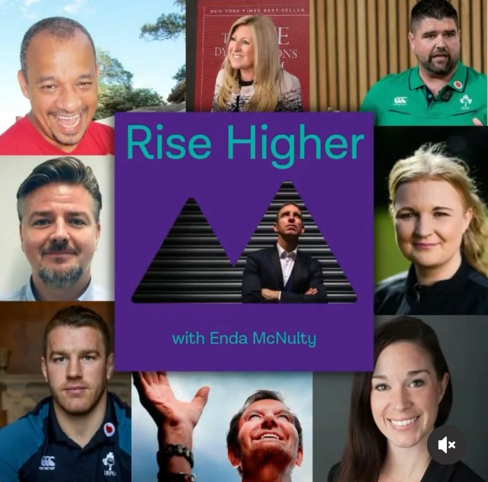 Rise Higher' podcast cover, displaying leaders' mosaic for resilience and well-being.