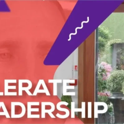 Video promotional image with a man speaking about leadership acceleration.